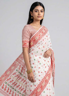 White Jamdani Cotton Saree Without Blouse Piece