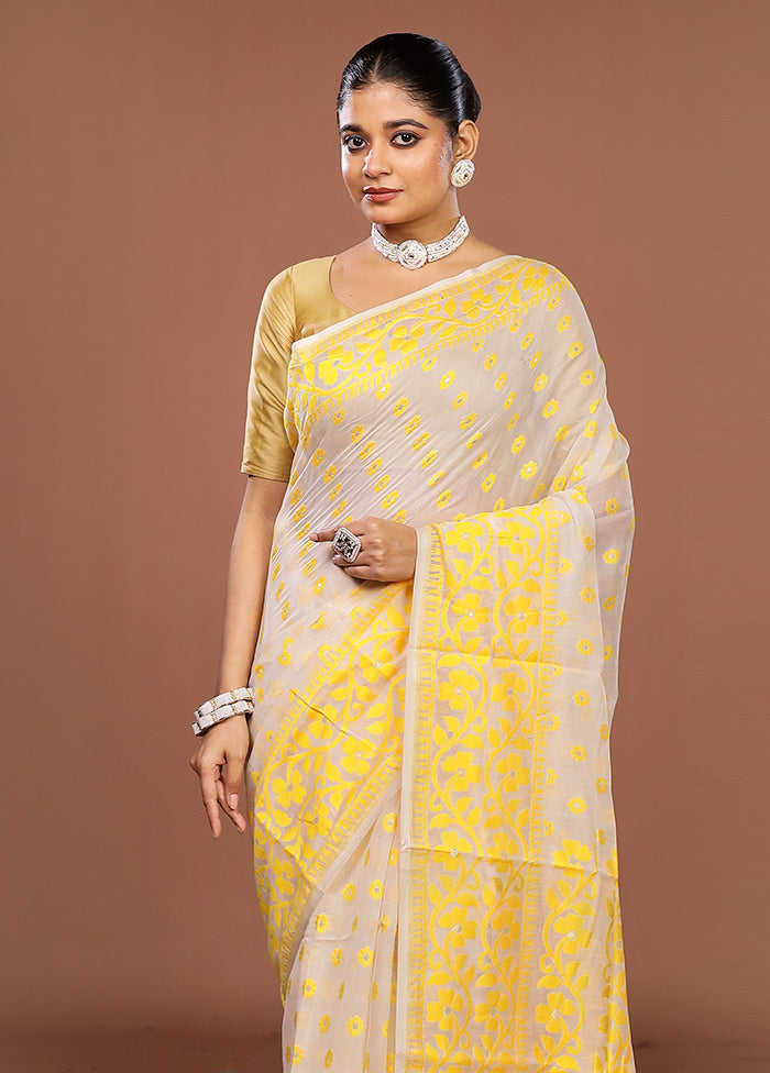 White Jamdani Cotton Saree Without Blouse Piece