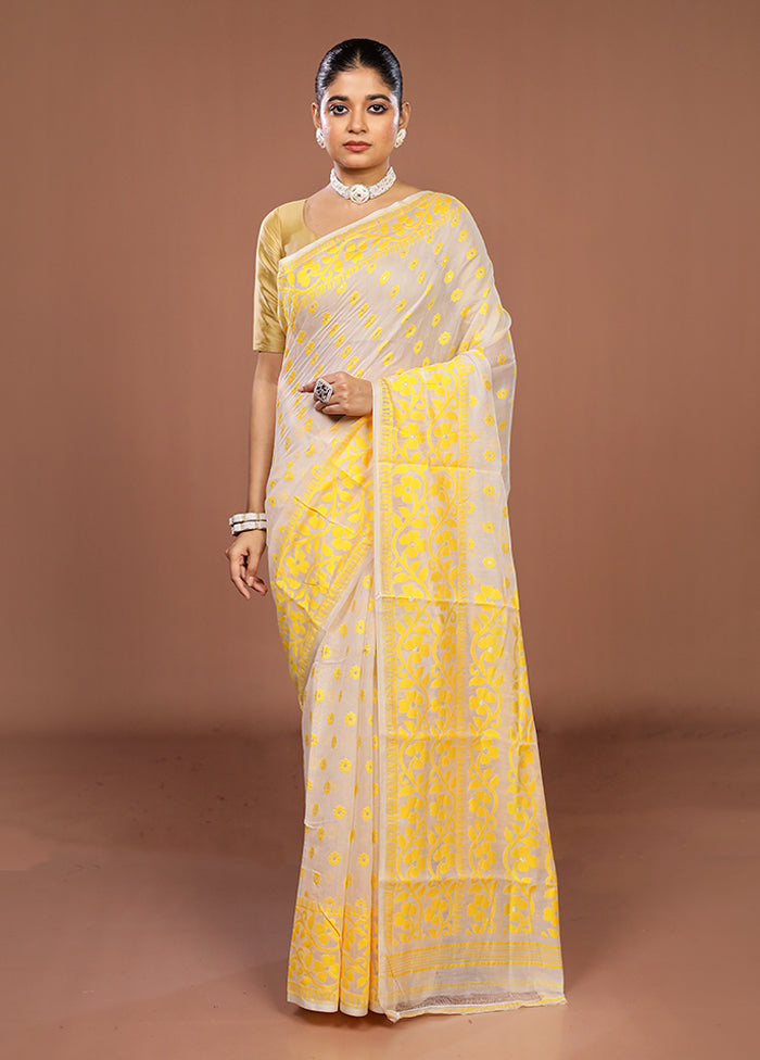 White Jamdani Cotton Saree Without Blouse Piece