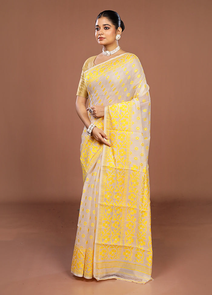 White Jamdani Cotton Saree Without Blouse Piece