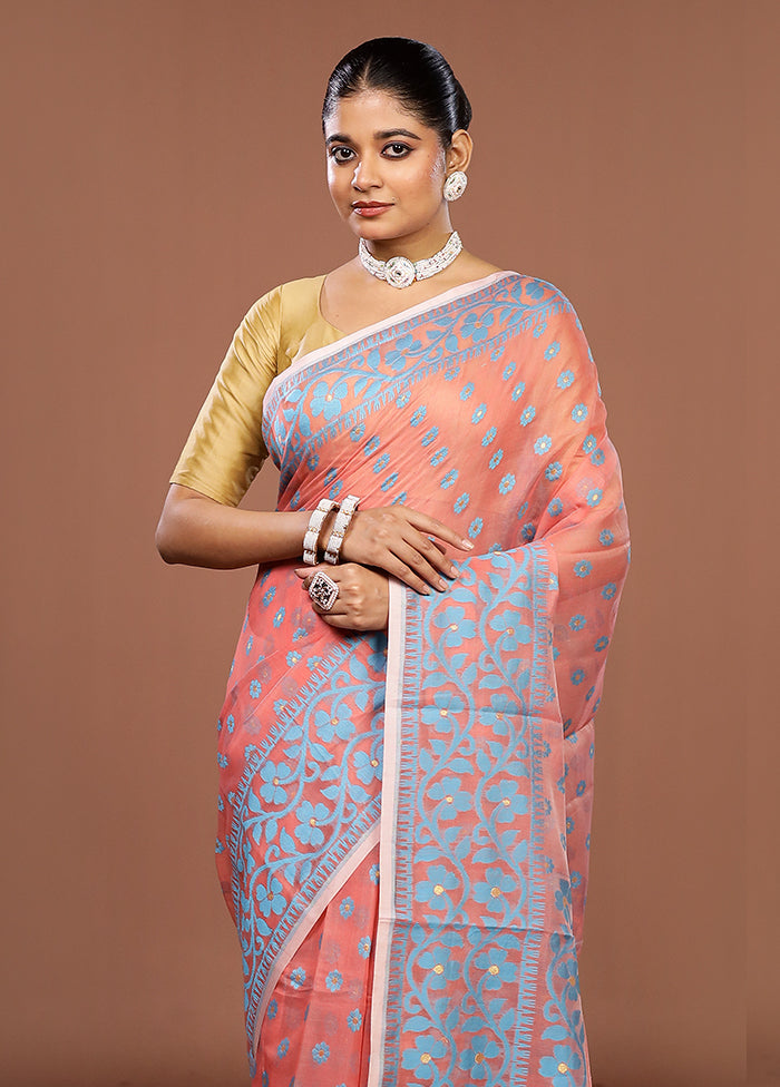 Pink Jamdani Cotton Saree Without Blouse Piece
