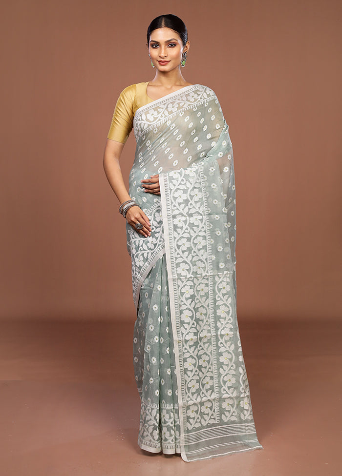 Grey Jamdani Cotton Saree Without Blouse Piece