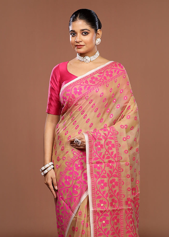 Cream Jamdani Cotton Saree Without Blouse Piece