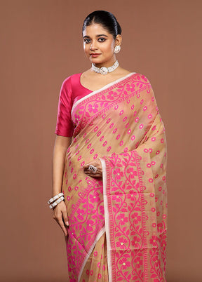 Cream Jamdani Cotton Saree Without Blouse Piece