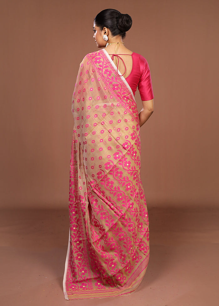 Cream Jamdani Cotton Saree Without Blouse Piece