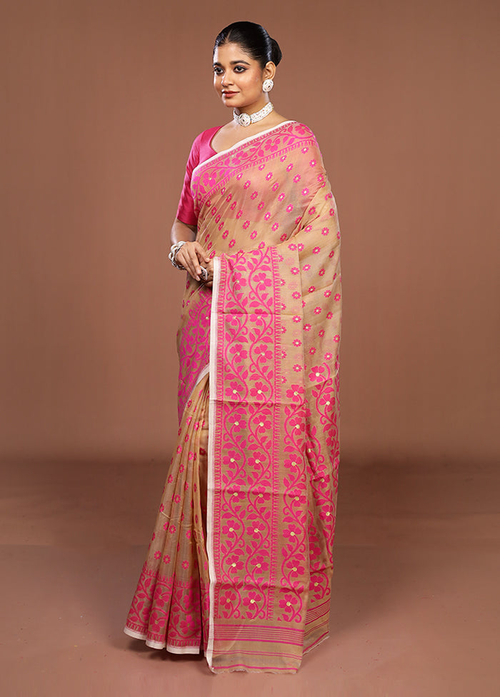 Cream Jamdani Cotton Saree Without Blouse Piece