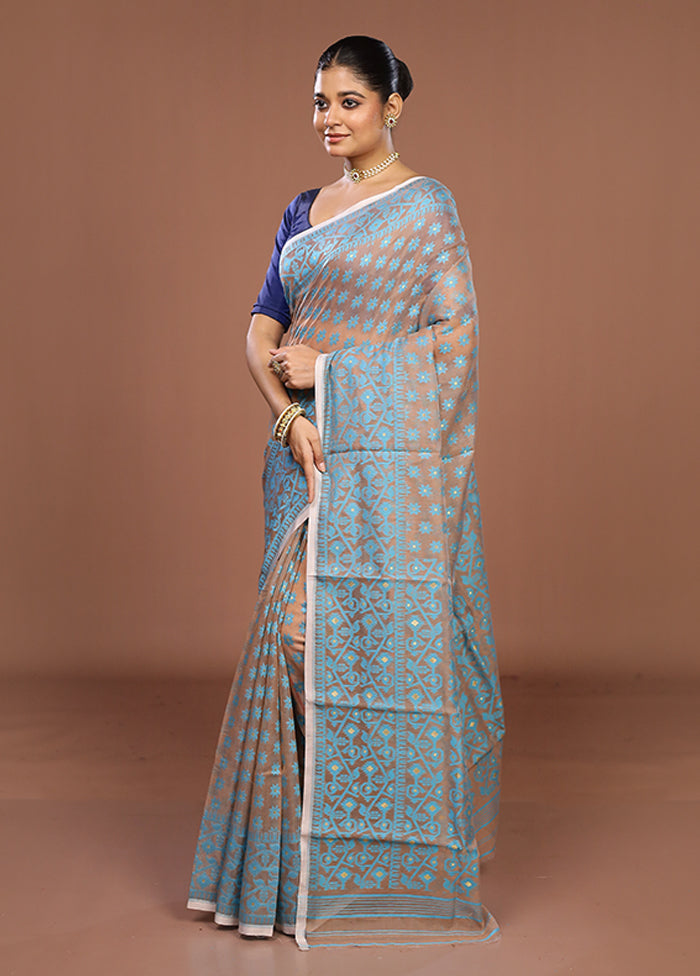 Cream Jamdani Cotton Saree Without Blouse Piece
