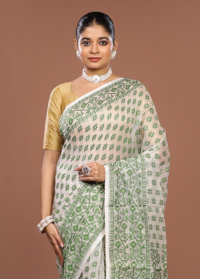 White Jamdani Cotton Saree Without Blouse Piece