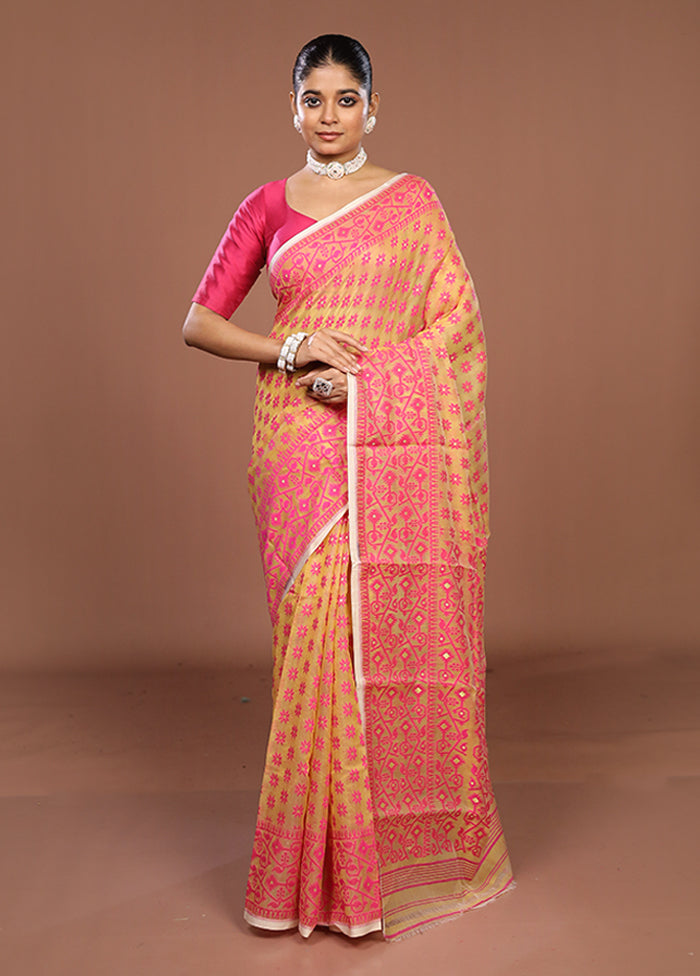 Yellow Jamdani Cotton Saree Without Blouse Piece