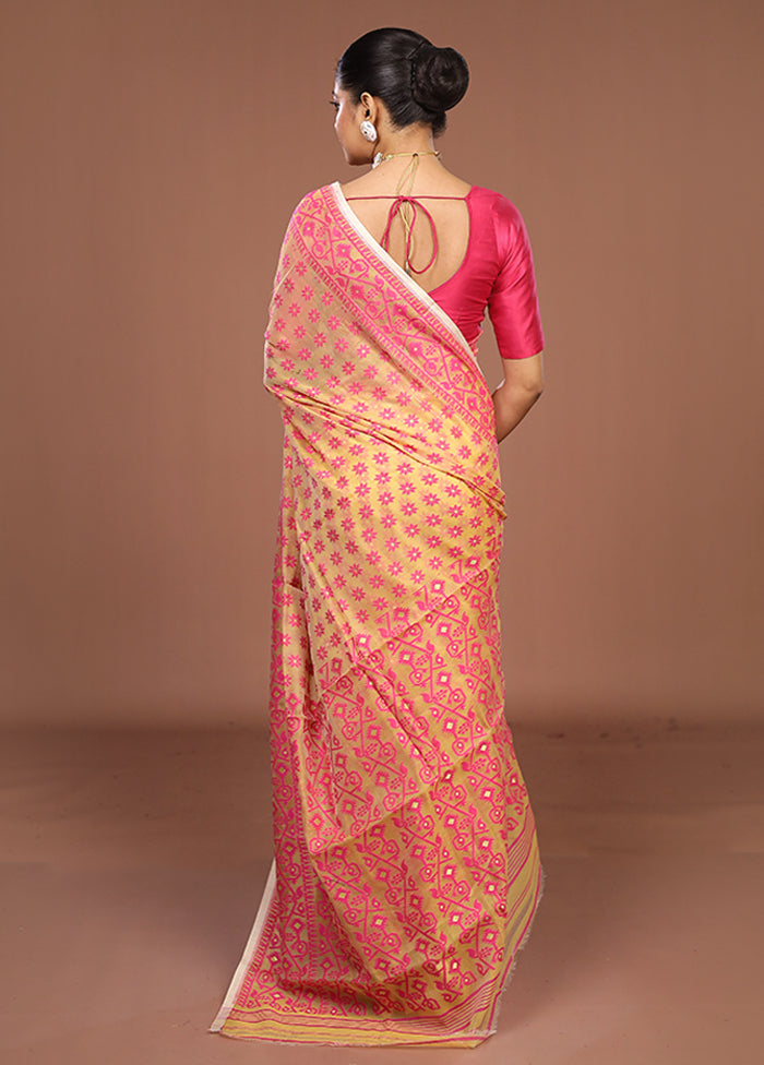 Yellow Jamdani Cotton Saree Without Blouse Piece