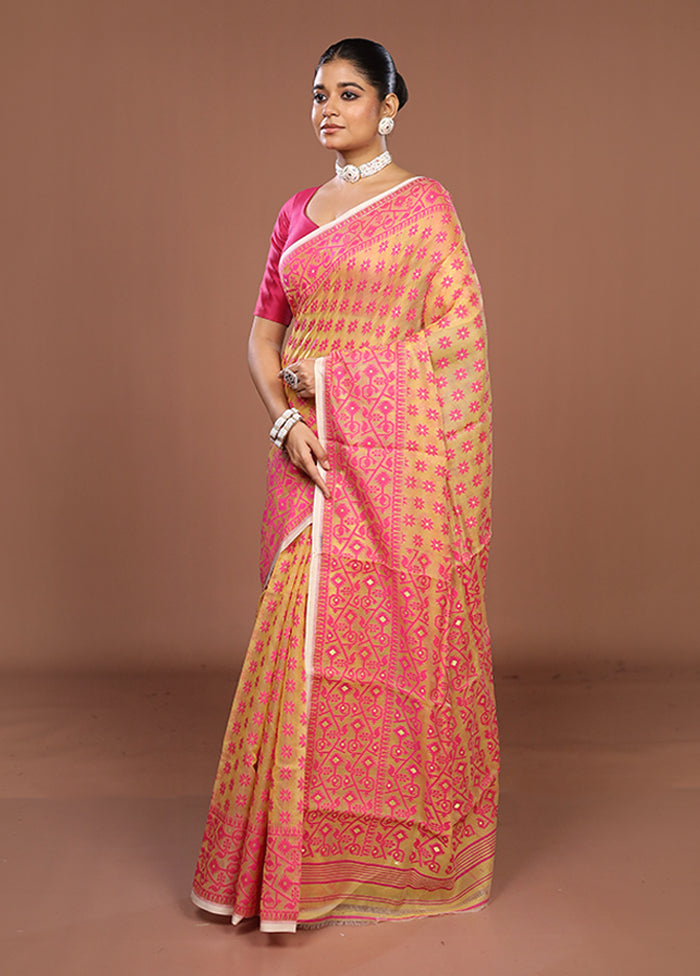 Yellow Jamdani Cotton Saree Without Blouse Piece