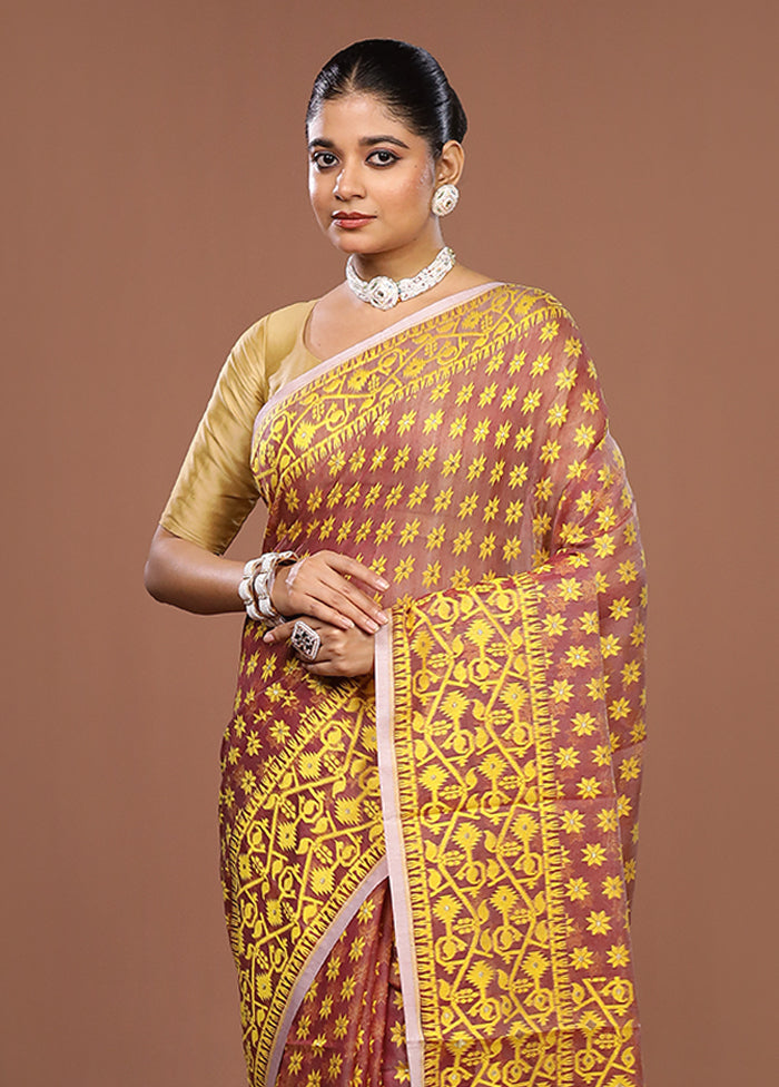 Maroon Jamdani Cotton Saree Without Blouse Piece