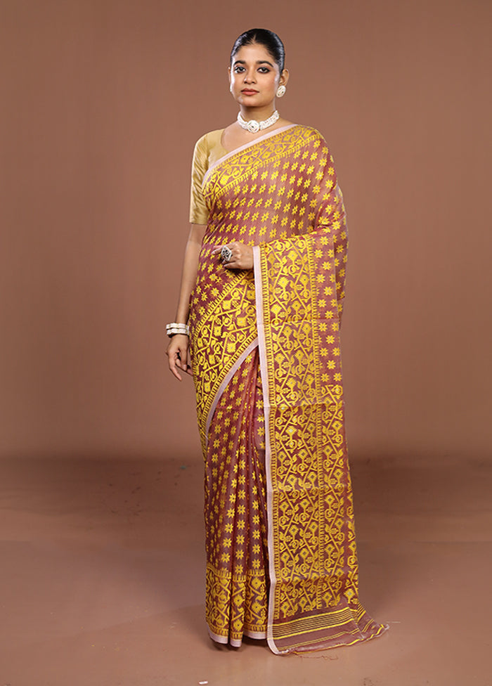 Maroon Jamdani Cotton Saree Without Blouse Piece