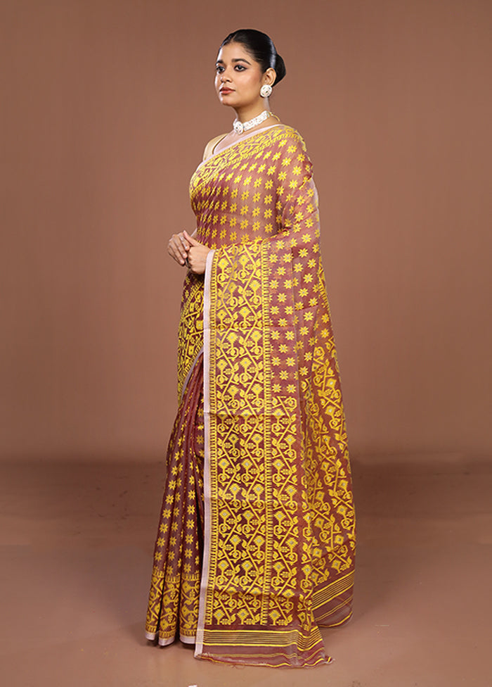 Maroon Jamdani Cotton Saree Without Blouse Piece