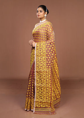 Maroon Jamdani Cotton Saree Without Blouse Piece