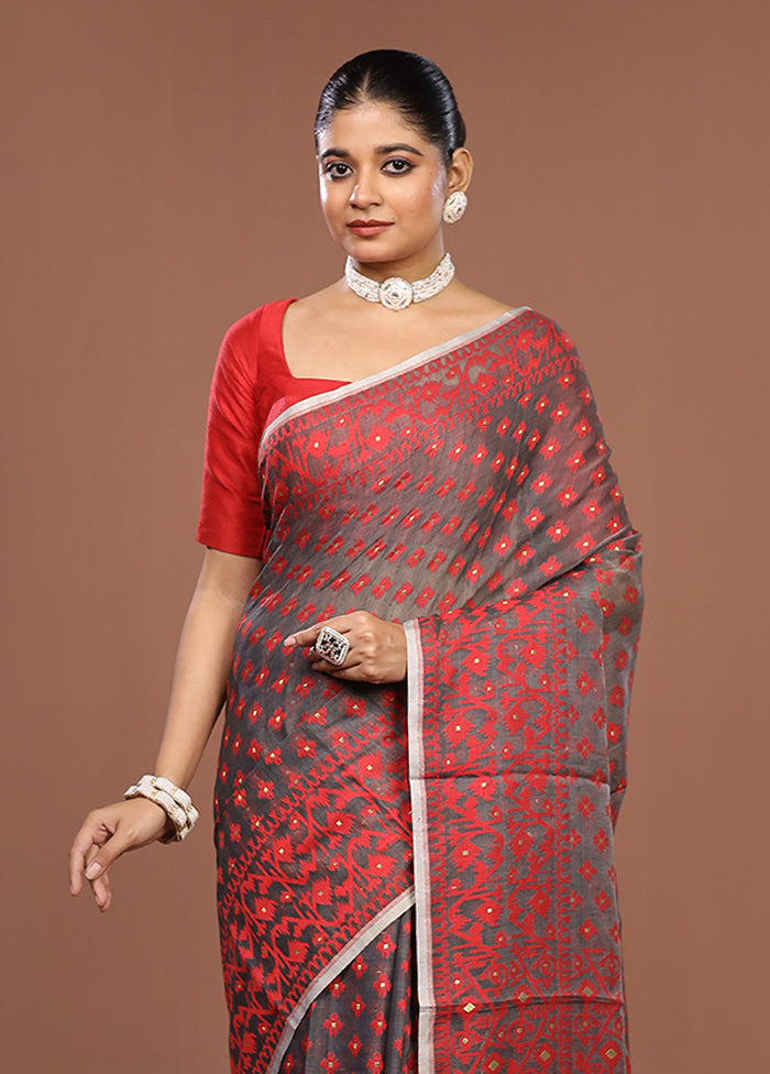 Grey Jamdani Cotton Saree Without Blouse Piece