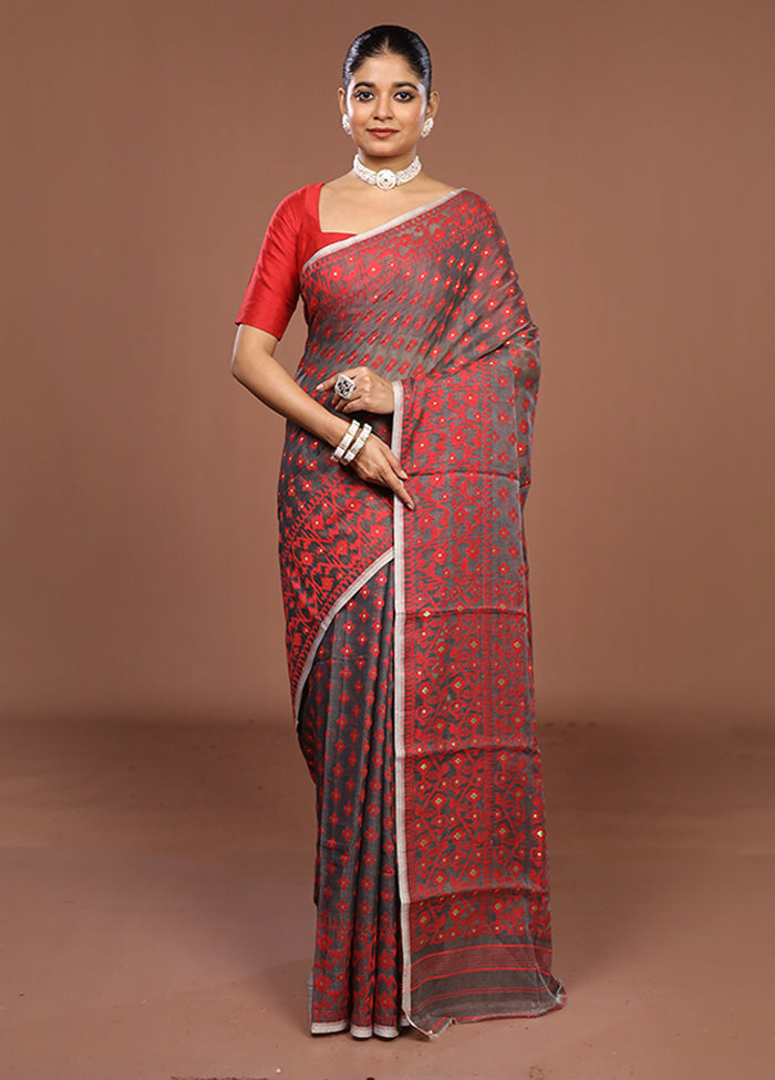 Grey Jamdani Cotton Saree Without Blouse Piece