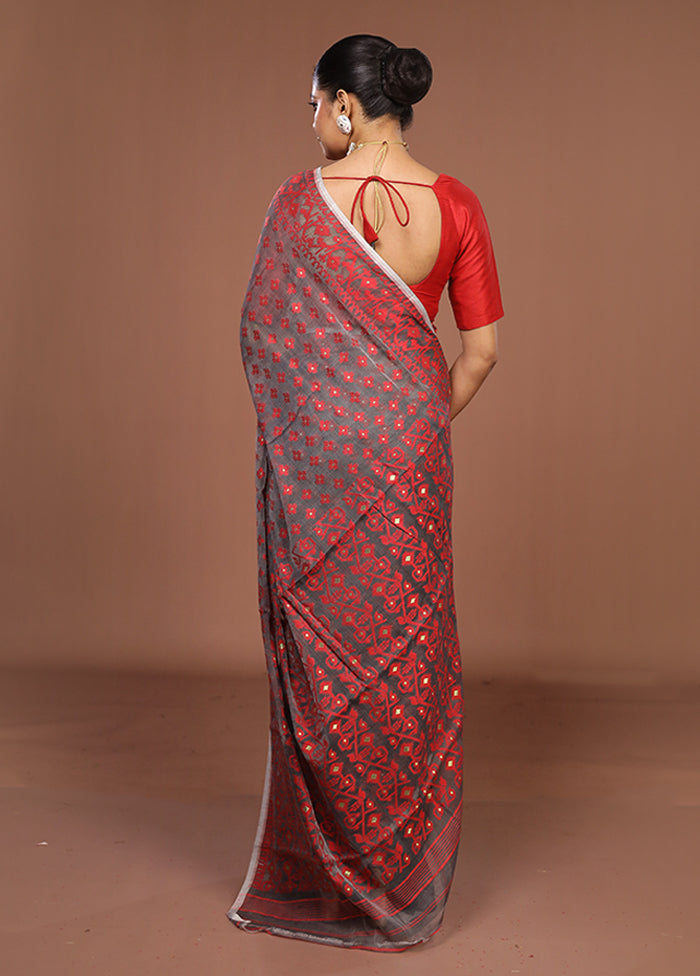 Grey Jamdani Cotton Saree Without Blouse Piece