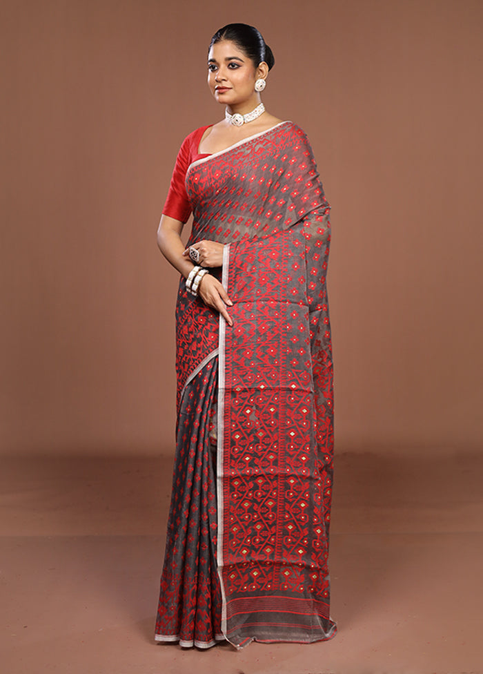 Grey Jamdani Cotton Saree Without Blouse Piece