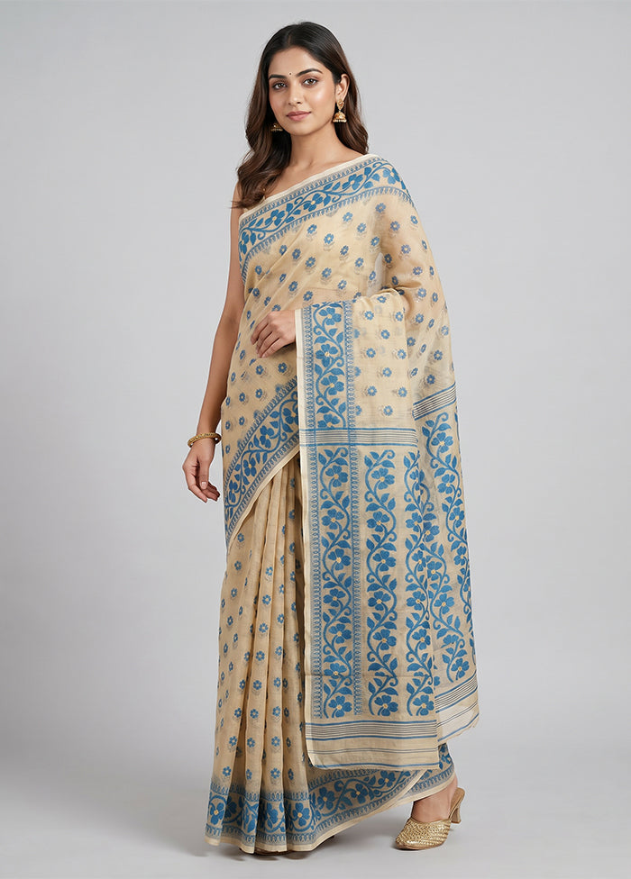 Cream Jamdani Cotton Saree Without Blouse Piece