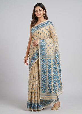 Cream Jamdani Cotton Saree Without Blouse Piece