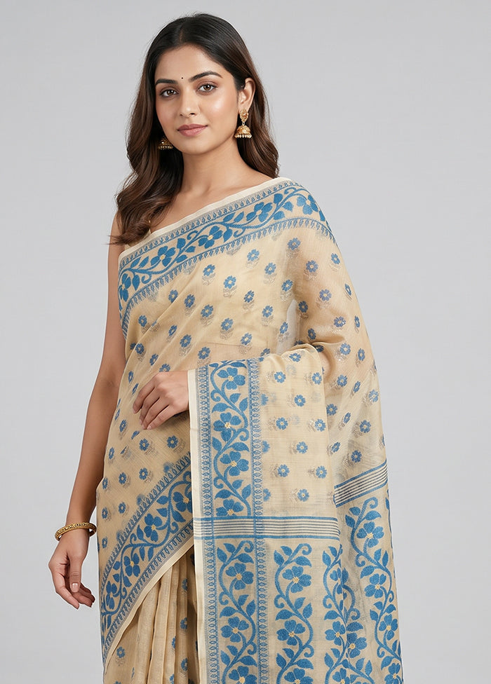 Cream Jamdani Cotton Saree Without Blouse Piece