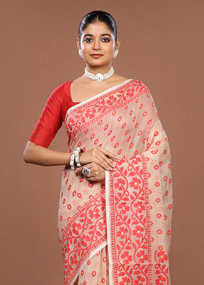 Cream Jamdani Cotton Saree Without Blouse Piece