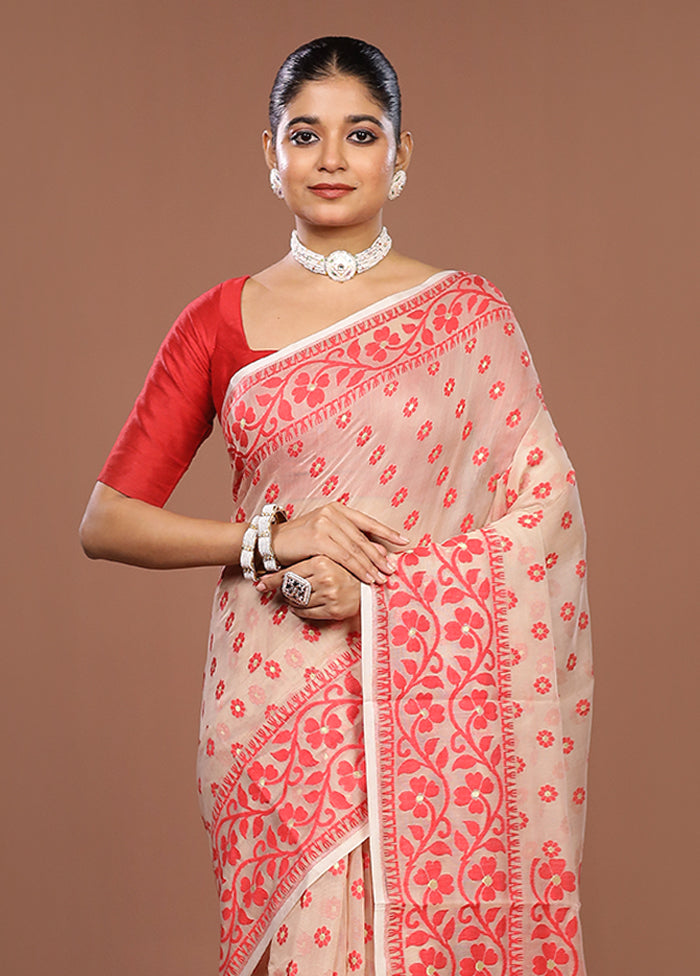 Cream Jamdani Cotton Saree Without Blouse Piece
