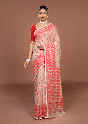 Cream Jamdani Cotton Saree Without Blouse Piece