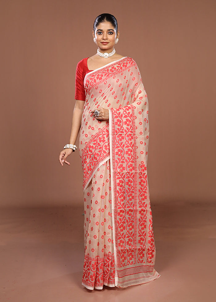 Cream Jamdani Cotton Saree Without Blouse Piece