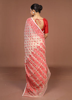 Cream Jamdani Cotton Saree Without Blouse Piece