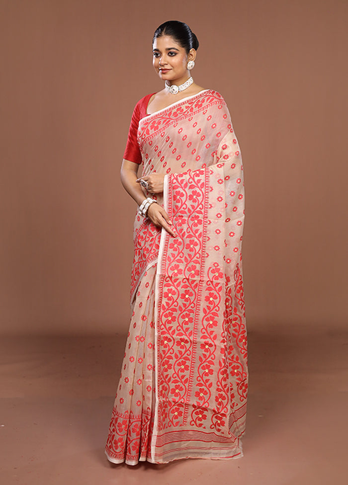 Cream Jamdani Cotton Saree Without Blouse Piece