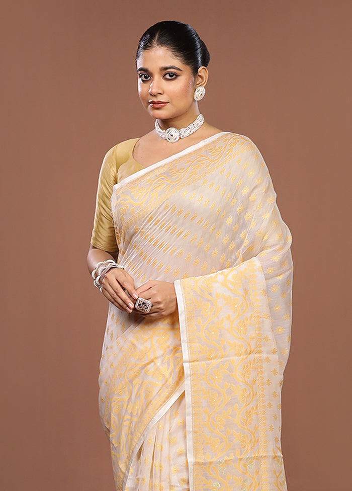 White Jamdani Cotton Saree Without Blouse Piece