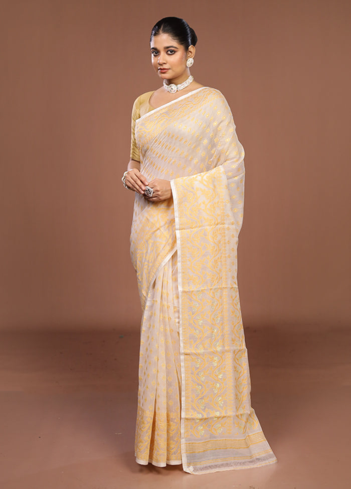 White Jamdani Cotton Saree Without Blouse Piece