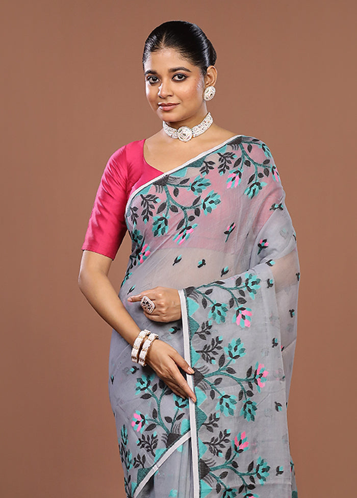 Grey Jamdani Cotton Saree Without Blouse Piece