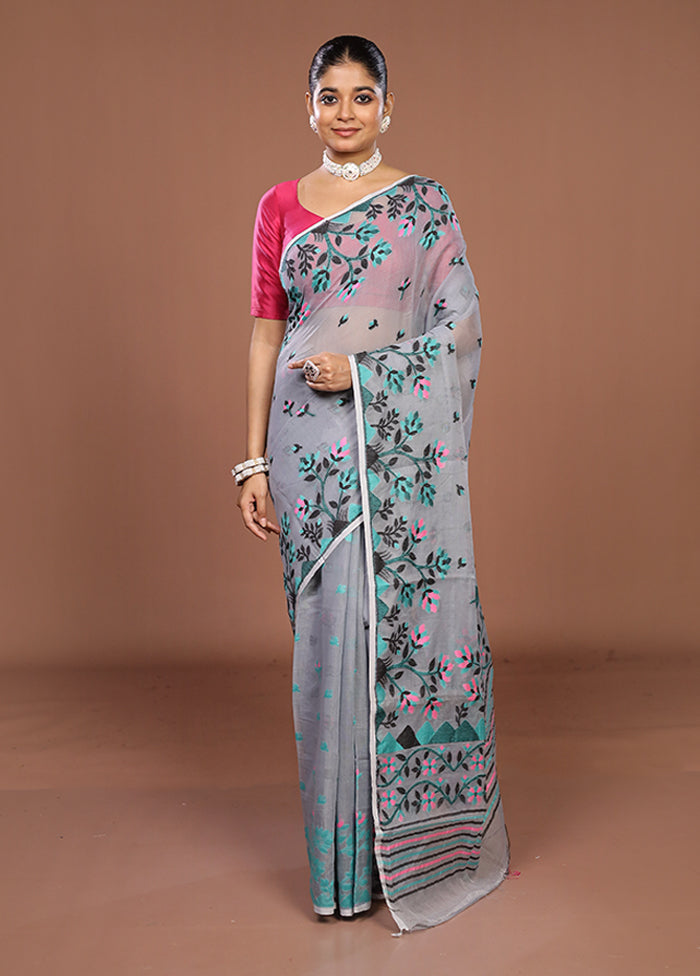Grey Jamdani Cotton Saree Without Blouse Piece
