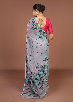 Grey Jamdani Cotton Saree Without Blouse Piece