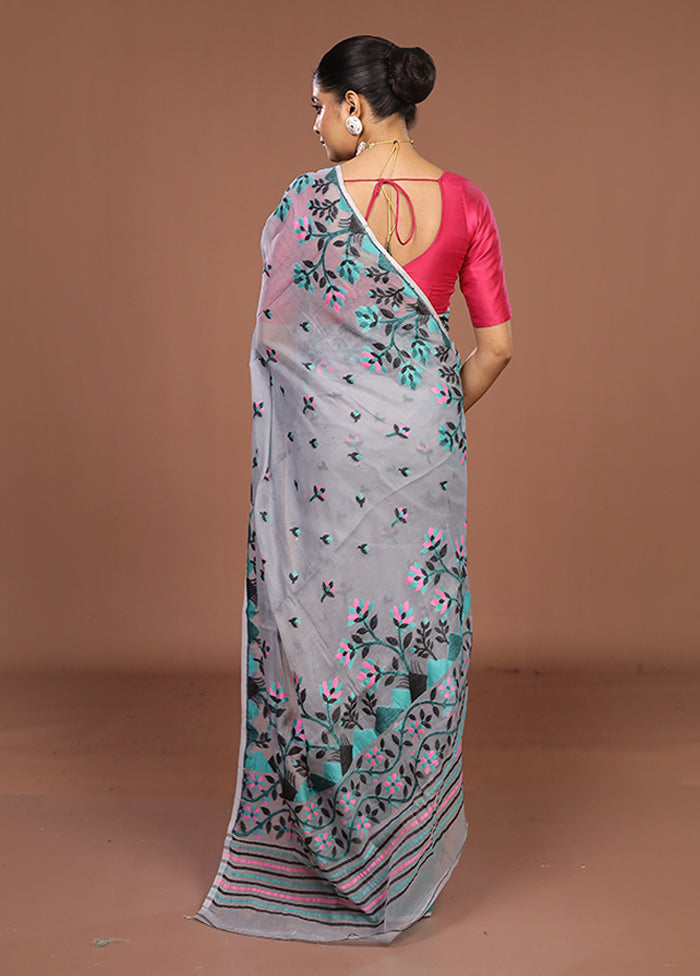 Grey Jamdani Cotton Saree Without Blouse Piece