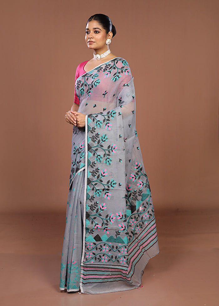 Grey Jamdani Cotton Saree Without Blouse Piece