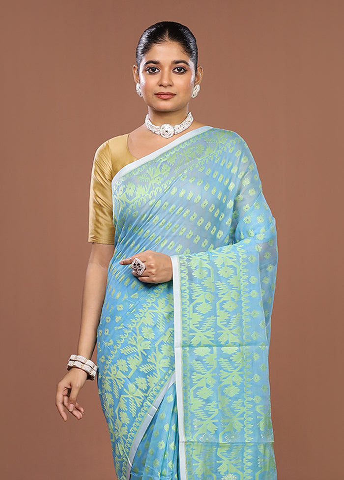 Blue Jamdani Cotton Saree Without Blouse Piece