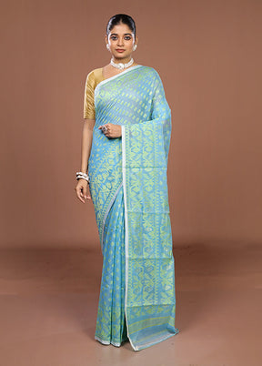 Blue Jamdani Cotton Saree Without Blouse Piece