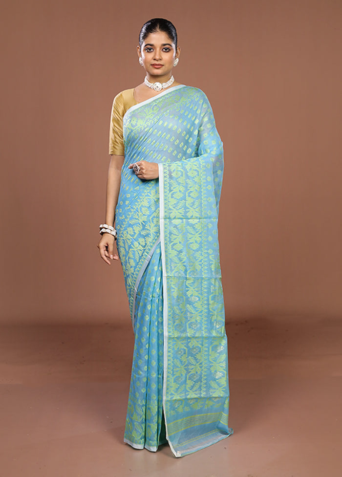 Blue Jamdani Cotton Saree Without Blouse Piece