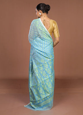 Blue Jamdani Cotton Saree Without Blouse Piece