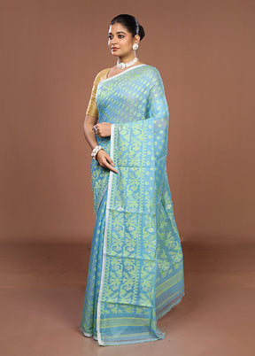 Blue Jamdani Cotton Saree Without Blouse Piece