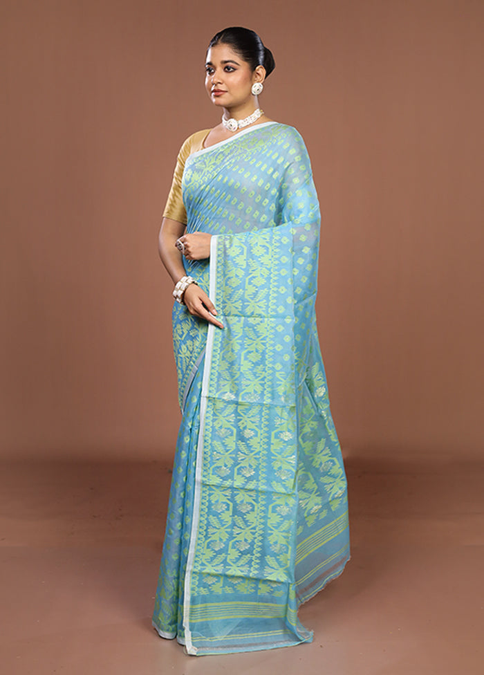 Blue Jamdani Cotton Saree Without Blouse Piece