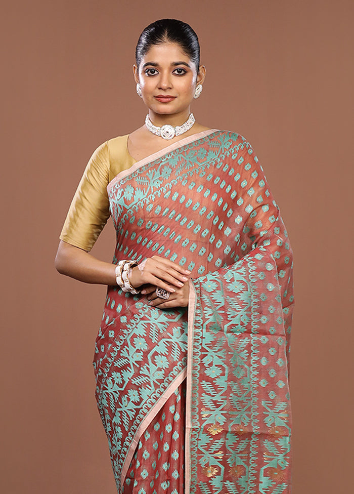 Maroon Jamdani Cotton Saree Without Blouse Piece