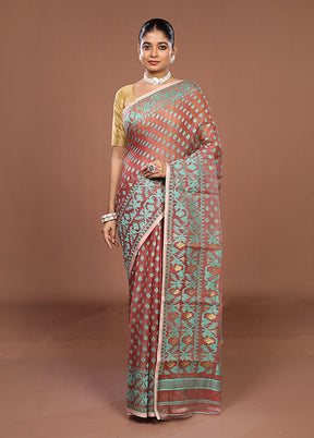 Maroon Jamdani Cotton Saree Without Blouse Piece