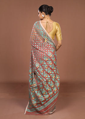 Maroon Jamdani Cotton Saree Without Blouse Piece