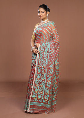 Maroon Jamdani Cotton Saree Without Blouse Piece