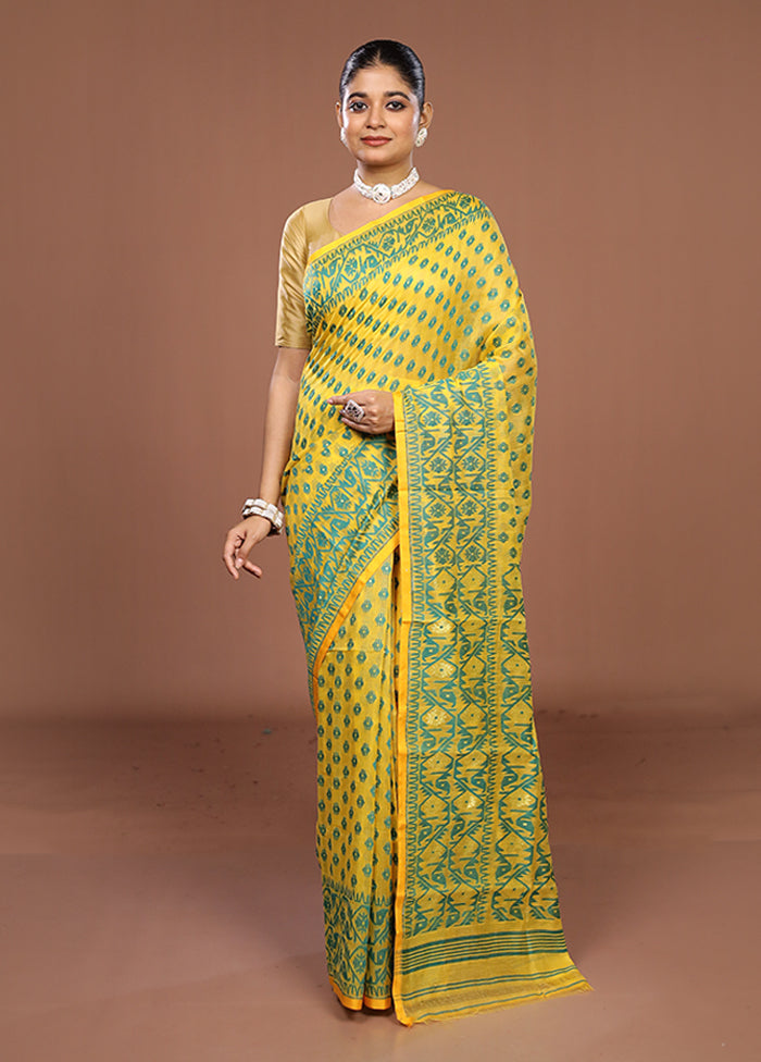Yellow Jamdani Cotton Saree Without Blouse Piece